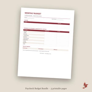 May include: A white monthly budget planner sheet with dark red headers and lines. The document includes sections for income, expenses by category such as housing and utilities, and an end of month summary. Text includes Monthly Budget and Paycheck Budget Bundle.