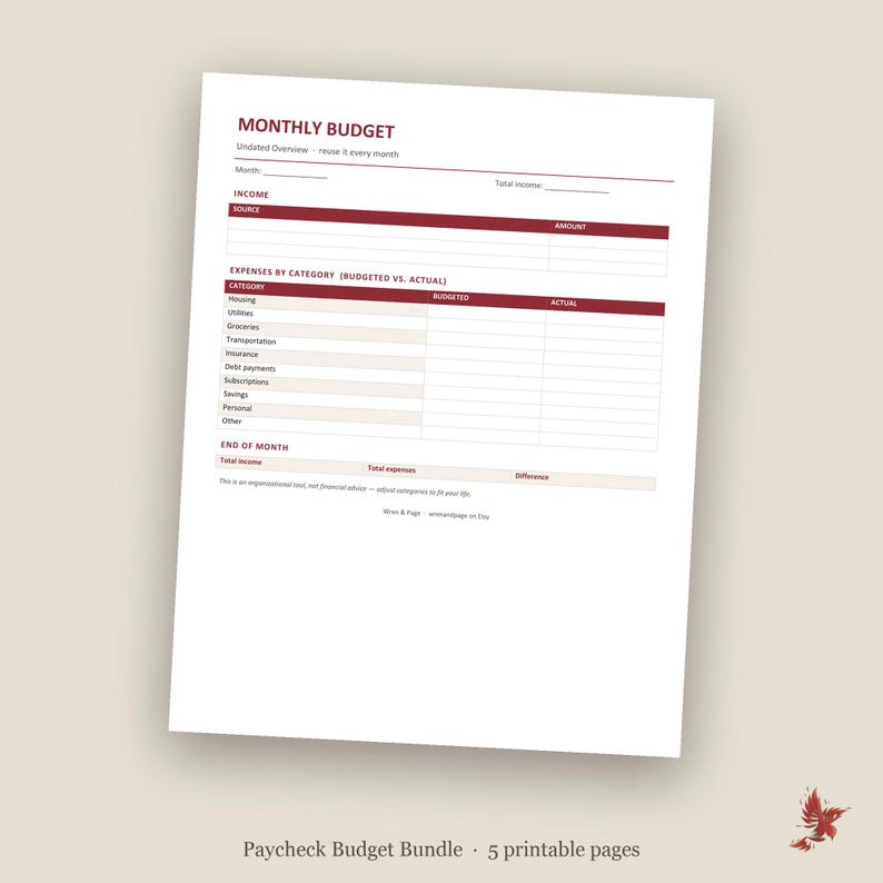 May include: A white monthly budget planner sheet with dark red headers and lines. The document includes sections for income, expenses by category such as housing and utilities, and an end of month summary. Text includes Monthly Budget and Paycheck Budget Bundle.