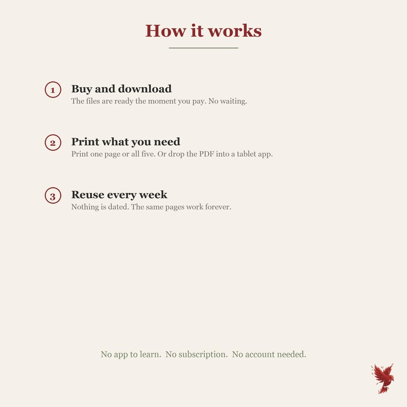 May include: An instructional graphic titled How it works with three numbered steps. Step 1: Buy and download. Step 2: Print what you need. Step 3: Reuse every week. Below the steps, the text reads: No app to learn. No subscription. No account needed.