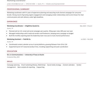 May include: A professional resume document for Jordan Mitchell, a Marketing Coordinator. The text includes contact details, a professional summary, work experience at Brightline Goods Co. and Field & Co., education from the University of Texas, and skills.
