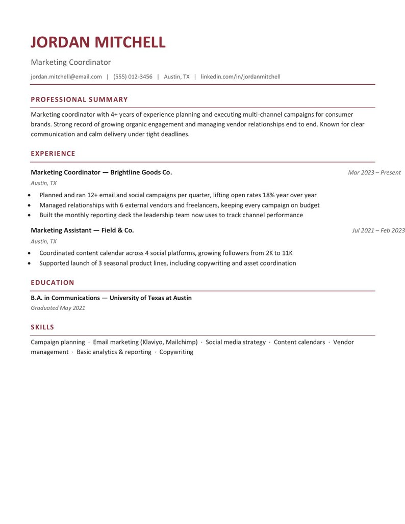 May include: A professional resume document for Jordan Mitchell, a Marketing Coordinator. The text includes contact details, a professional summary, work experience at Brightline Goods Co. and Field & Co., education from the University of Texas, and skills.