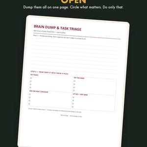May include: A digital task management planner page titled Brain Dump & Task Triage with sections for sorting tasks into Do Today, Do This Week, Ask For Help/Delegate, and Let Go-Not Now, featuring a dark background with gold and maroon text.