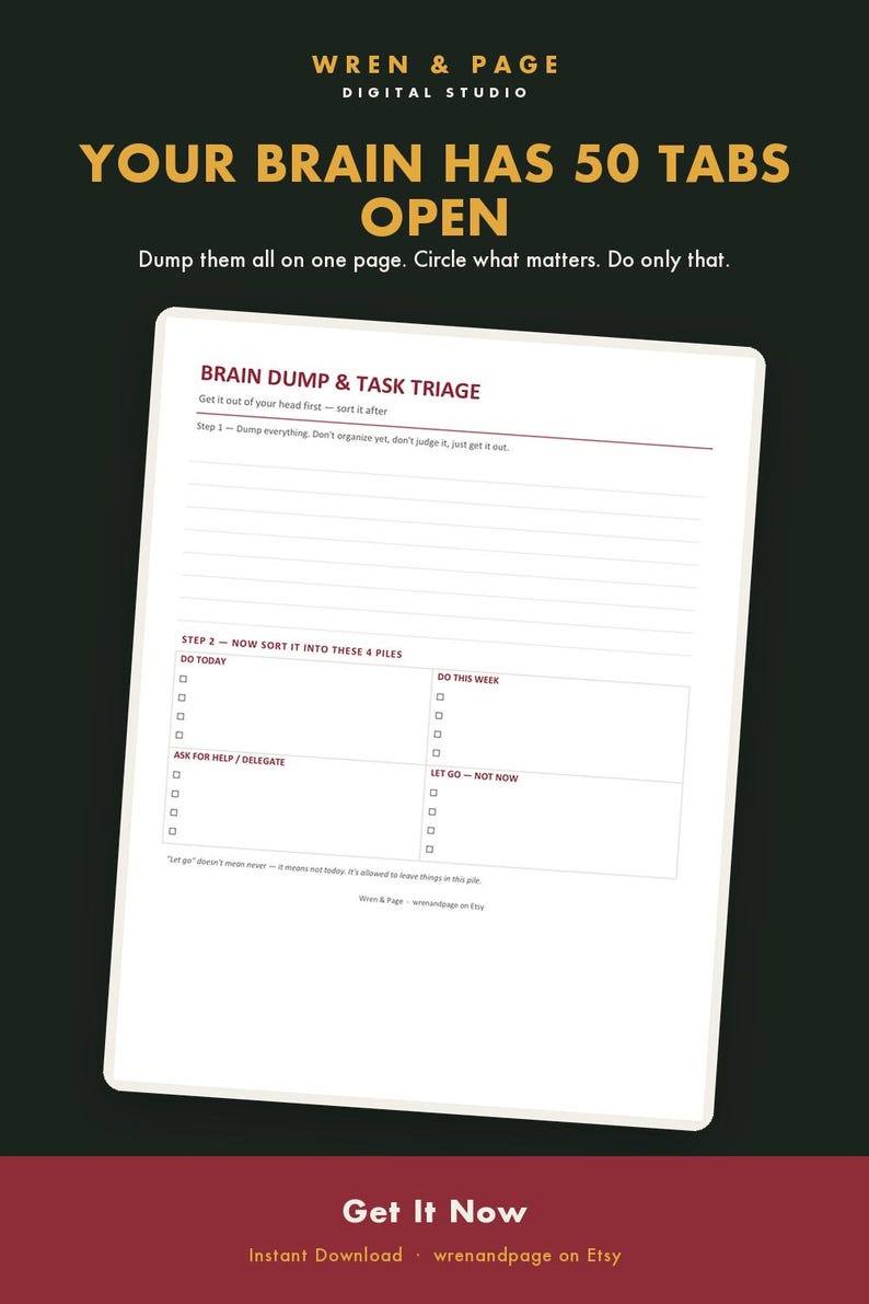 May include: A digital task management planner page titled Brain Dump & Task Triage with sections for sorting tasks into Do Today, Do This Week, Ask For Help/Delegate, and Let Go-Not Now, featuring a dark background with gold and maroon text.