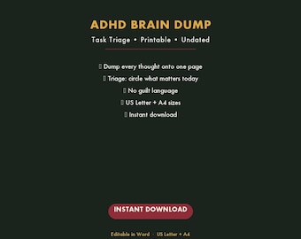 Hoja imprimible de una página para organizar tus ideas sobre el TDAH, sin fecha, para despejar la mente y priorizar lo importante - Descarga instantánea en PDF