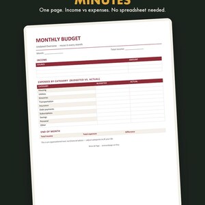 May include: A digital monthly budget planner template on a dark background with the text WREN & PAGE DIGITAL STUDIO, START BUDGETING IN 5 MINUTES, One page. Income vs expenses. No spreadsheet needed. The form includes sections for income and expenses.