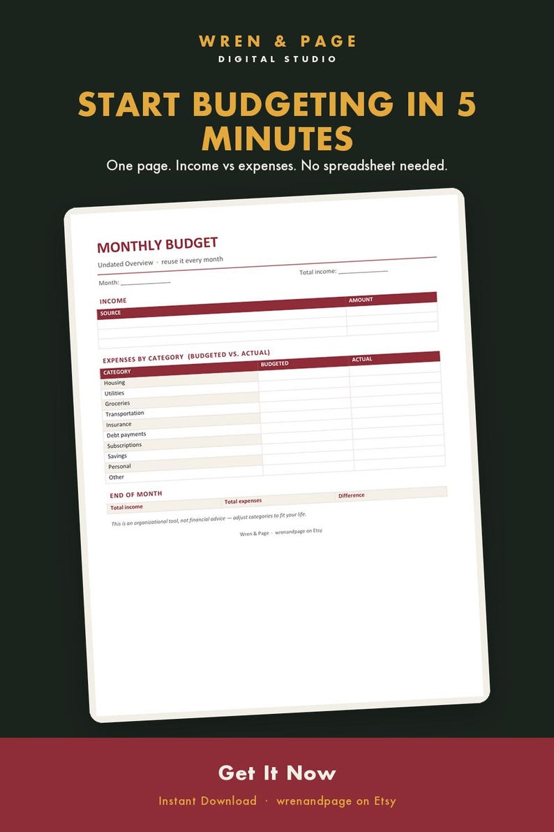 May include: A digital monthly budget planner template on a dark background with the text WREN & PAGE DIGITAL STUDIO, START BUDGETING IN 5 MINUTES, One page. Income vs expenses. No spreadsheet needed. The form includes sections for income and expenses.