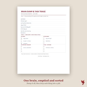 May include: A white paper task management sheet titled BRAIN DUMP & TASK TRIAGE in dark red text. The document features a list area for initial thoughts and a four-quadrant grid for sorting tasks into Do Today, Do This Week, Ask For Help, and Let Go.
