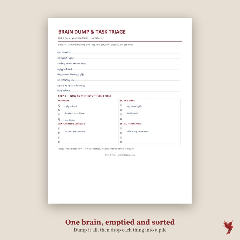 May include: A white paper task management sheet titled BRAIN DUMP & TASK TRIAGE in dark red text. The document features a list area for initial thoughts and a four-quadrant grid for sorting tasks into Do Today, Do This Week, Ask For Help, and Let Go.