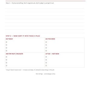 May include: A white task management planner page titled BRAIN DUMP & TASK TRIAGE. It features a section for listing tasks, followed by a grid with four categories: DO TODAY, DO THIS WEEK, ASK FOR HELP / DELEGATE, and LET GO &mdash; NOT NOW, with checkboxes.