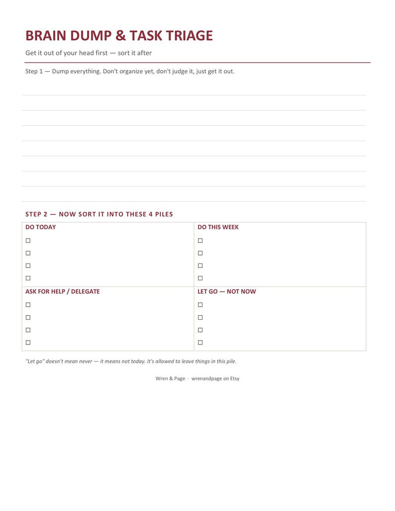 May include: A white task management planner page titled BRAIN DUMP & TASK TRIAGE. It features a section for listing tasks, followed by a grid with four categories: DO TODAY, DO THIS WEEK, ASK FOR HELP / DELEGATE, and LET GO &mdash; NOT NOW, with checkboxes.