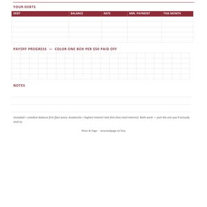 May include: A white debt payoff tracker sheet with dark red text and lines. It features sections for debt, balance, rate, minimum payment, and this month. Includes a payoff progress grid to color one box per $50 paid off, plus a notes section.