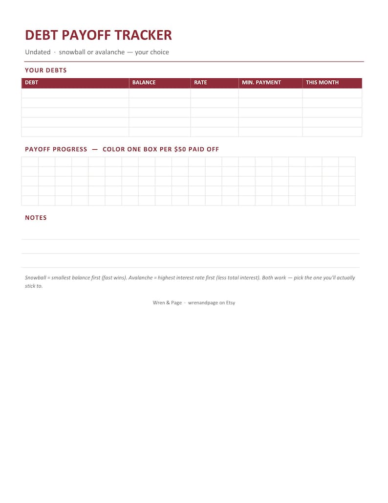 May include: A white debt payoff tracker sheet with dark red text and lines. It features sections for debt, balance, rate, minimum payment, and this month. Includes a payoff progress grid to color one box per $50 paid off, plus a notes section.
