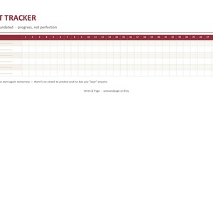 May include: A white habit tracker sheet with dark red headers and text. The document features a grid for thirty-one days, labeled 'HABIT TRACKER', 'Monthly - undated - progress, not perfection', and 'Miss a day? Just start again tomorrow'.