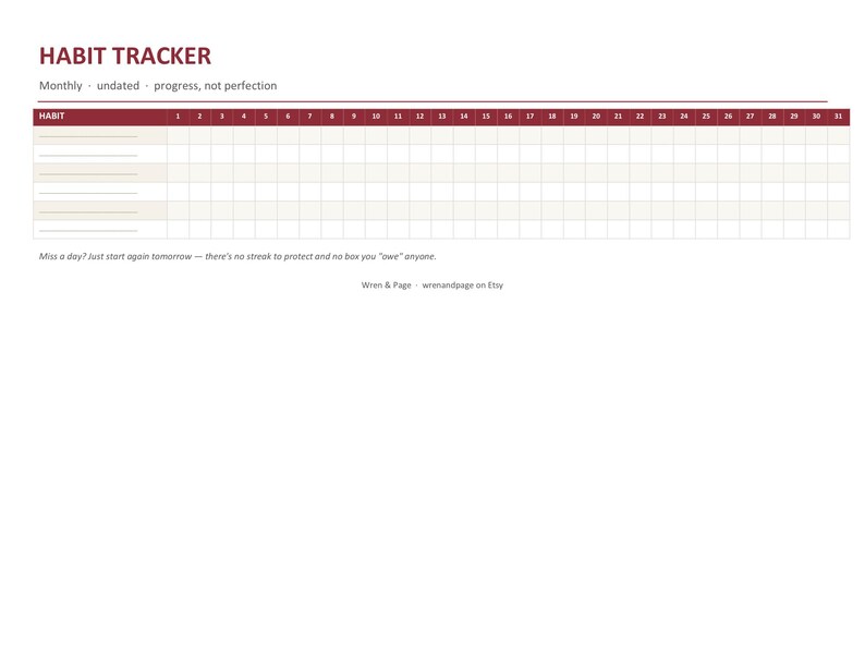 May include: A white habit tracker sheet with dark red headers and text. The document features a grid for thirty-one days, labeled 'HABIT TRACKER', 'Monthly - undated - progress, not perfection', and 'Miss a day? Just start again tomorrow'.
