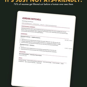 May include: A digital resume template on a dark background with the text WREN & PAGE DIGITAL STUDIO, YOUR RESUME ISN'T BAD. IT'S JUST NOT ATS-FRIENDLY. 76% of resumes get filtered out before a human ever sees them, and Fix Yours Today.