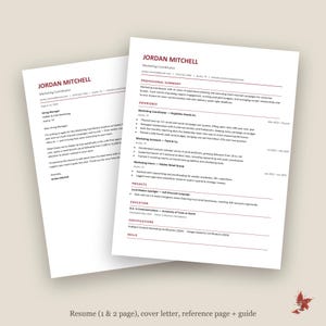 May include: A two-page document set featuring a resume and a cover letter for Jordan Mitchell, a Marketing Coordinator. The documents are printed in black text with dark red headers on white paper, detailing professional experience and education.