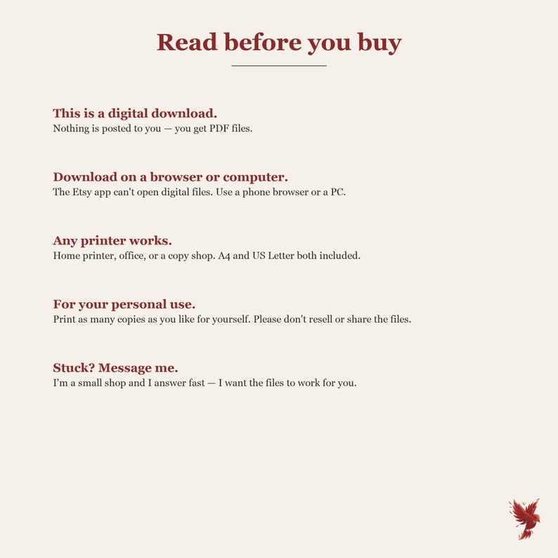 Puede incluir: Un gr&aacute;fico informativo con texto rojo oscuro sobre un fondo claro titulado Read before you buy. Explica que se trata de una descarga digital, requiere un navegador para acceder, es compatible con cualquier impresora y ofrece asistencia.