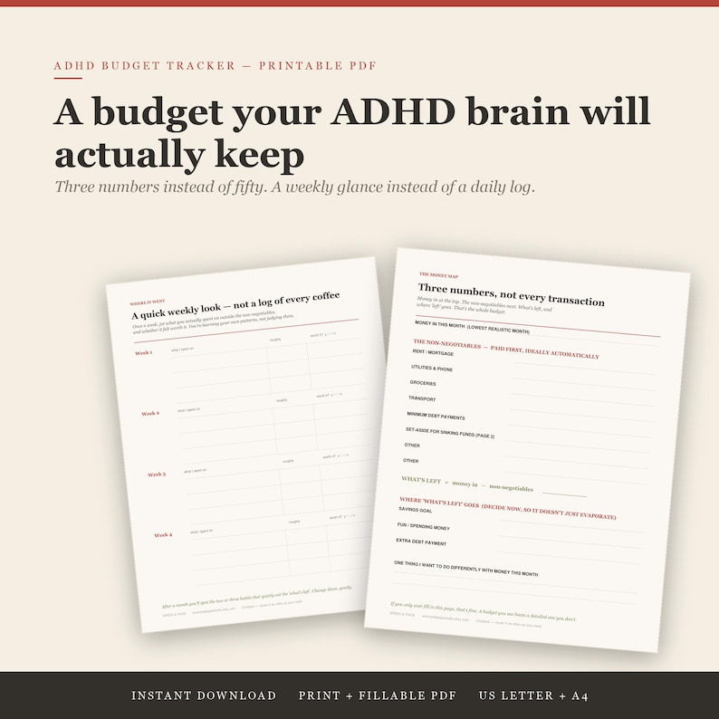 May include: A printable ADHD budget tracker PDF featuring two white pages with dark text. The header reads A budget your ADHD brain will actually keep. The forms include sections for weekly looks, non-negotiables, and money maps for US Letter and A4.
