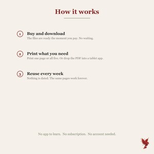 May include: An instructional graphic titled How it works with three numbered steps. Step 1: Buy and download. Step 2: Print what you need. Step 3: Reuse every week. Below the steps, the text reads: No app to learn. No subscription. No account needed.