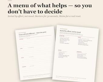 ADHD Dopamine Menu Printable, Undated Low-Effort Reset List Sorted by Energy, Build-Your-Own Page and 30-Day Tracker - PDF Instant Download