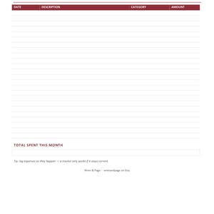 May include: A white expense tracker sheet with dark red text headers. The document features columns for date, description, category, and amount, with a section at the bottom for total spent this month and a tip to log expenses as they happen.