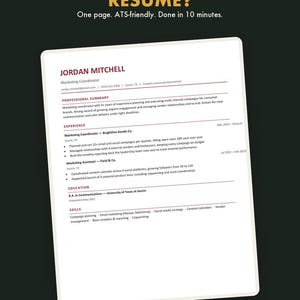 May include: A digital resume template titled WREN & PAGE DIGITAL STUDIO featuring the text JUST NEED A CLEAN RESUME? One page. ATS-friendly. Done in 10 minutes. The document displays a sample resume for Jordan Mitchell with sections for professional summary, experience, education, and skills.