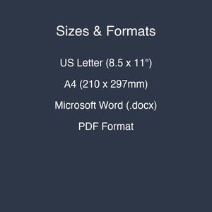 May include: A dark blue graphic with white text listing Sizes & Formats: US Letter (8.5 x 11"), A4 (210 x 297mm), Microsoft Word (.docx), and PDF Format. The text is centered and clearly legible against the solid dark blue background.