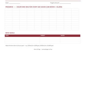 May include: A white savings goal tracker sheet with dark red text and lines. It features sections for a main goal, target amount, a grid of 100 boxes for progress tracking, and a mini goals table with columns for goal, target, and saved amounts.