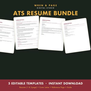 May include: Four white resume templates titled WREN & PAGE DIGITAL STUDIO ATS RESUME BUNDLE. The documents feature black text on white backgrounds with the name JORDAN MITCHELL at the top. Text at the bottom reads 5 EDITABLE TEMPLATES INSTANT DOWNLOAD.