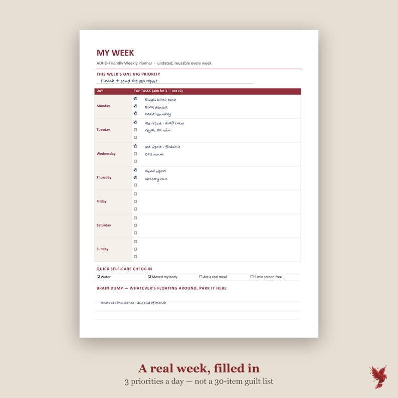 May include: A white weekly planner page titled MY WEEK with dark red text. It includes sections for one big priority, daily top tasks with checkboxes, a quick self-care check-in, and a brain dump area. The form is partially filled out with handwritten notes.