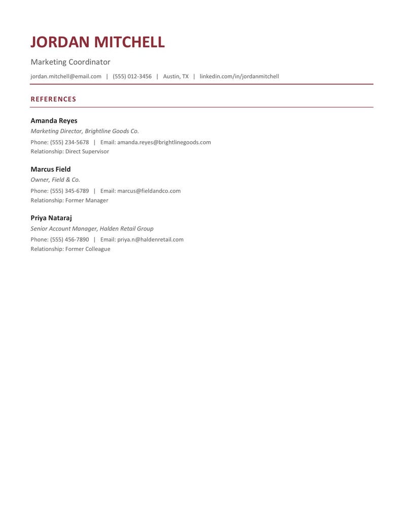 May include: A professional resume reference page for Jordan Mitchell, Marketing Coordinator. It lists contact details and three professional references: Amanda Reyes, Marcus Field, and Priya Nataraj, including their titles, companies, phone numbers, and emails.