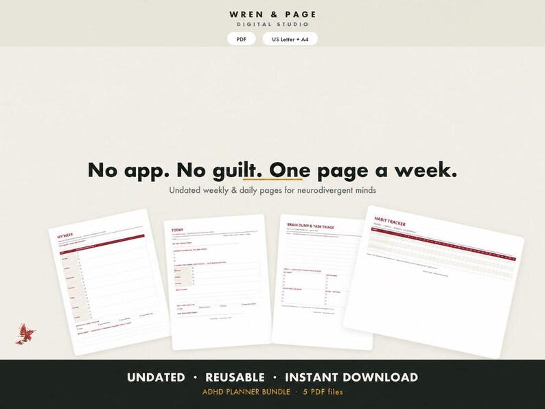 ADHD Planner Set - Brain Dump, Daily Focus, Weekly Planner & Habit Tracker - Undated Printable PDF image 1