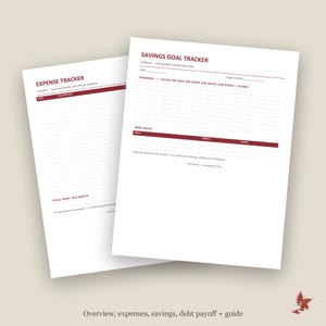 May include: Two white paper sheets featuring dark red headers and text. One sheet is an Expense Tracker with lines for date, description, and total spent. The other is a Savings Goal Tracker with a grid for coloring boxes and a section for mini goals.
