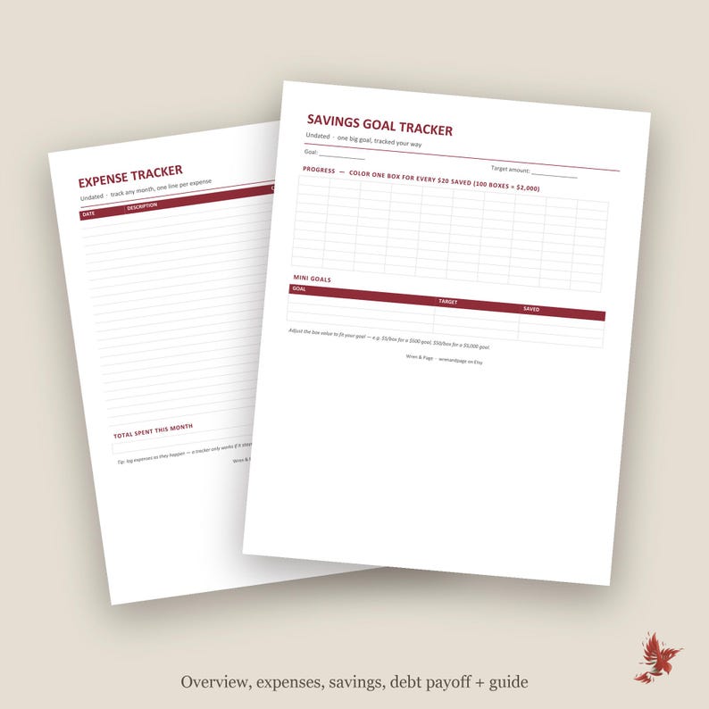 May include: Two white paper sheets featuring dark red headers and text. One sheet is an Expense Tracker with lines for date, description, and total spent. The other is a Savings Goal Tracker with a grid for coloring boxes and a section for mini goals.