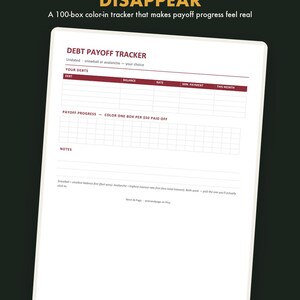 May include: A debt payoff tracker printable sheet with a dark green background. The document features the text WREN & PAGE DIGITAL STUDIO, WATCH YOUR DEBT DISAPPEAR, and a table for debt details, a 100-box grid for progress, and notes section.