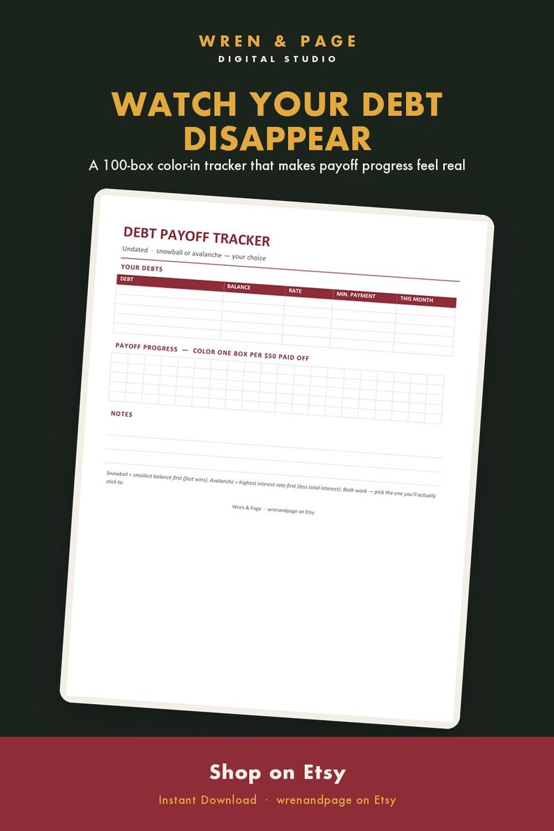May include: A debt payoff tracker printable sheet with a dark green background. The document features the text WREN & PAGE DIGITAL STUDIO, WATCH YOUR DEBT DISAPPEAR, and a table for debt details, a 100-box grid for progress, and notes section.