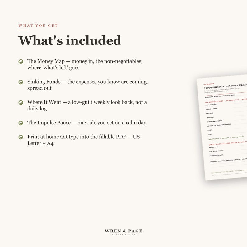May include: A digital financial planning document titled What's included, listing features like The Money Map, Sinking Funds, Where It Went, and The Impulse Pause. It includes print-at-home or fillable PDF options in US Letter and A4 sizes.
