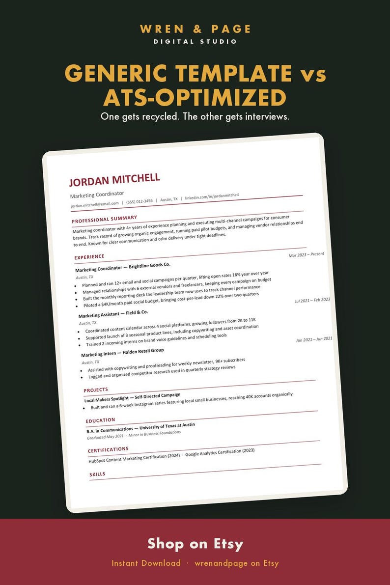 May include: A digital resume template graphic titled WREN & PAGE DIGITAL STUDIO. The text reads GENERIC TEMPLATE vs ATS-OPTIMIZED. Below, a sample resume for Jordan Mitchell displays sections for professional summary, experience, projects, education, and skills.
