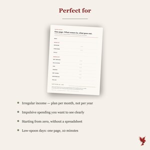 May include: A white monthly budget planner sheet with black text and dark red accents. The document features sections for money in and money out, including rent, bills, food, transport, and debt. It includes bullet points for irregular income, impulsive spending, starting from zero, and low-spoon days.