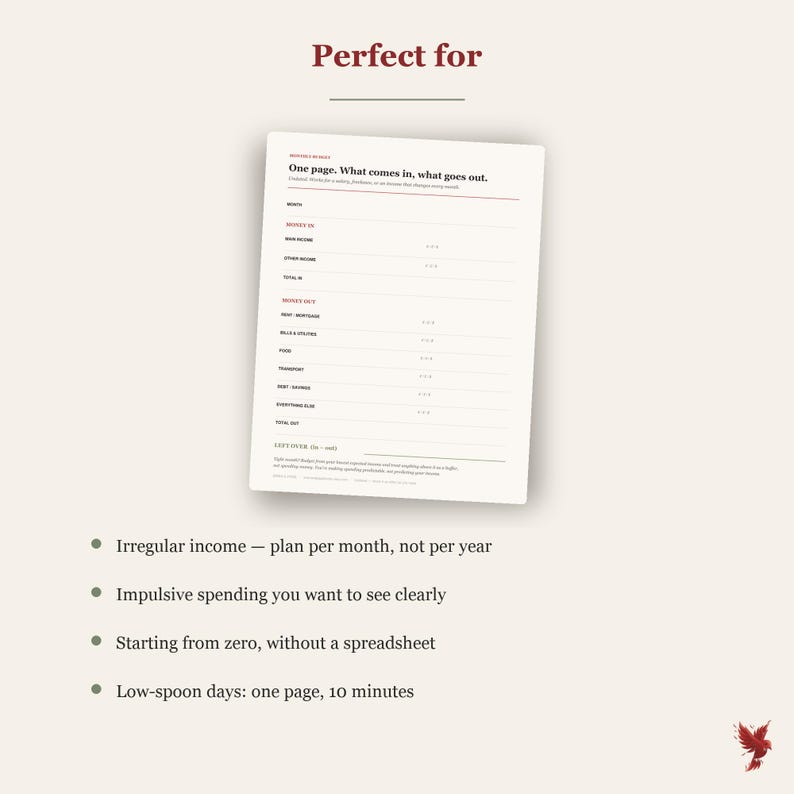 May include: A white monthly budget planner sheet with black text and dark red accents. The document features sections for money in and money out, including rent, bills, food, transport, and debt. It includes bullet points for irregular income, impulsive spending, starting from zero, and low-spoon days.