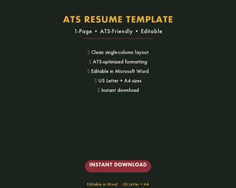 Plantilla de currículum vitae de una página para sistemas de seguimiento de candidatos (ATS), currículum vitae editable en Word para dichos sistemas, tamaños Carta de EE. UU. y A4 - Descarga instantánea