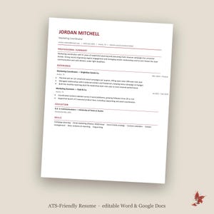 May include: A professional resume template for a Marketing Coordinator named Jordan Mitchell. The document features a clean layout with dark red headings, including sections for professional summary, experience, education, and skills.
