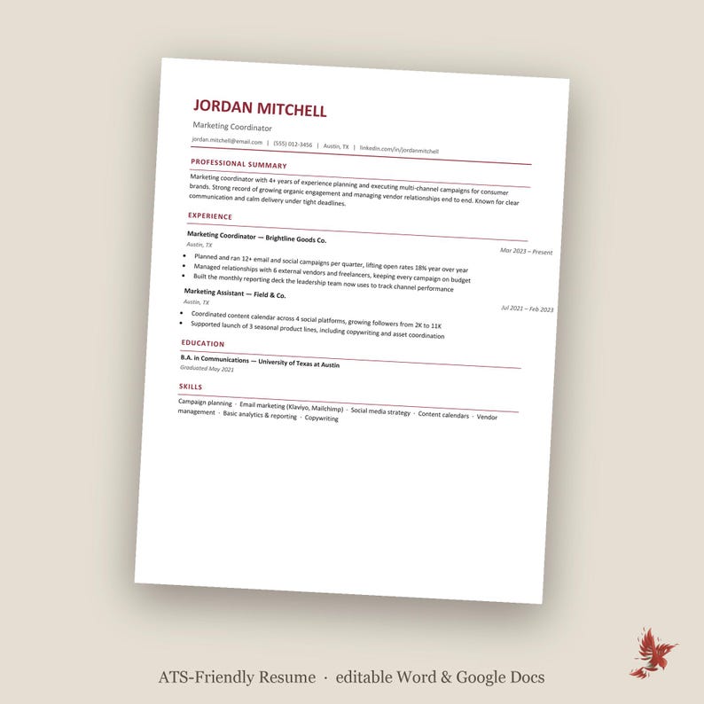 May include: A professional resume template for a Marketing Coordinator named Jordan Mitchell. The document features a clean layout with dark red headings, including sections for professional summary, experience, education, and skills.