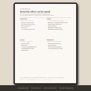 Puede incluir: Un documento digital titulado The Dopamine Menu, Sorted by effort, not by mood. Enumera actividades clasificadas como Starters, Sides, Mains y Desserts, con estimaciones de tiempo y tareas espec&iacute;ficas como agua fr&iacute;a en la cara o caminar.