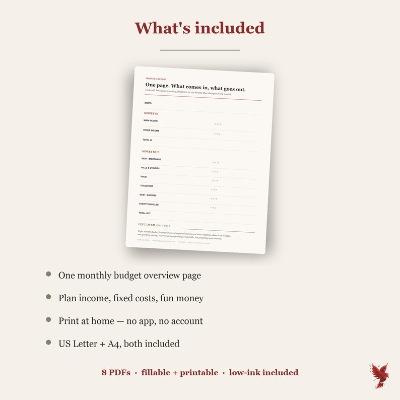 May include: A digital monthly budget planner template featuring a white page with black text titled One page. What comes in, what goes out. The layout includes sections for Money In and Money Out, with lines for income, expenses, and a final leftover calculation.