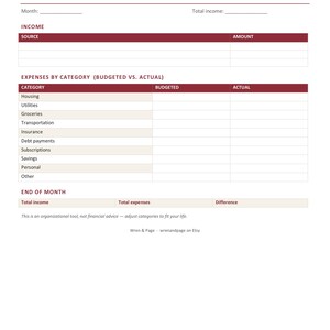 May include: A monthly budget planner template with dark red headers and text. Sections include income, expenses by category, and end of month totals. The document features fields for month, total income, source, amount, budgeted, and actual values.