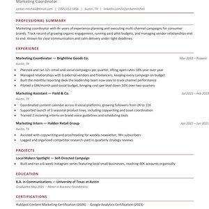 May include: A professional resume for Jordan Mitchell, a Marketing Coordinator. The document includes sections for professional summary, experience at Brightline Goods Co., Field & Co., and Halden Retail Group, projects, education, certifications, and skills.