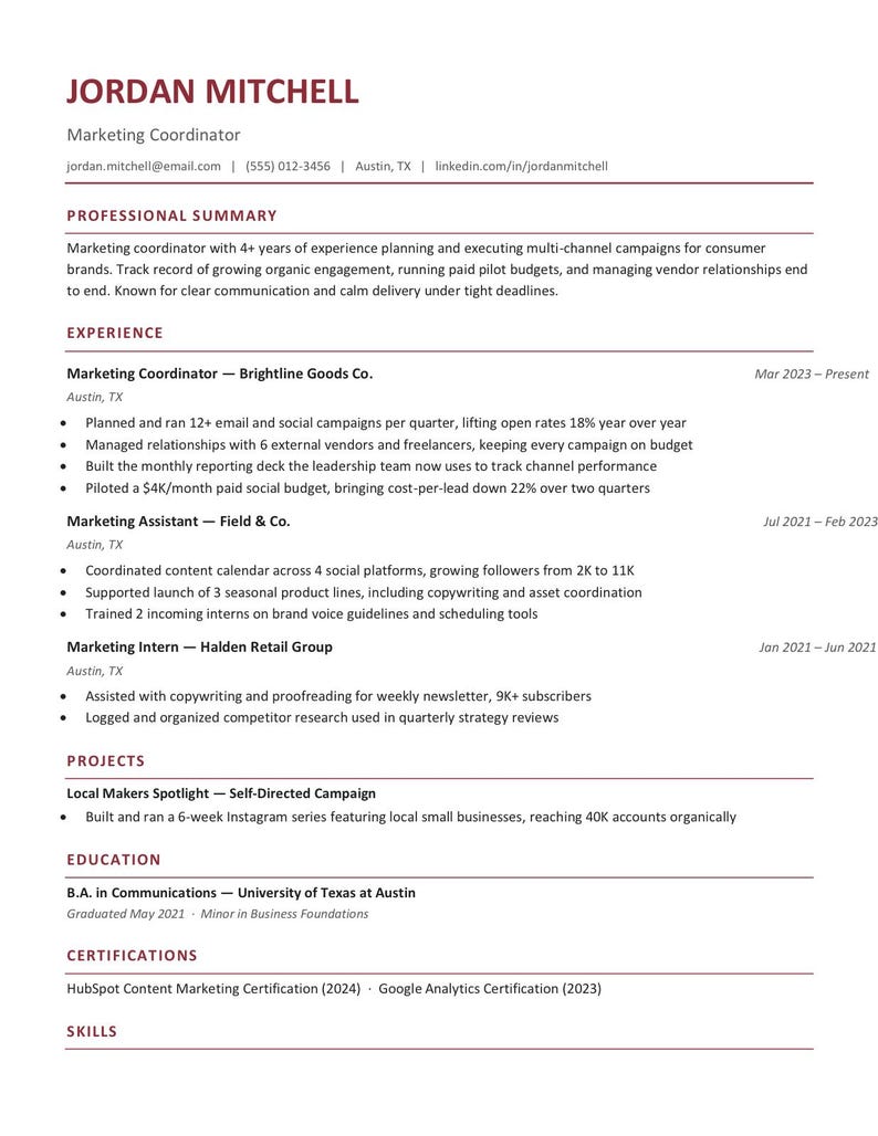 May include: A professional resume for Jordan Mitchell, a Marketing Coordinator. The document includes sections for professional summary, experience at Brightline Goods Co., Field & Co., and Halden Retail Group, projects, education, certifications, and skills.