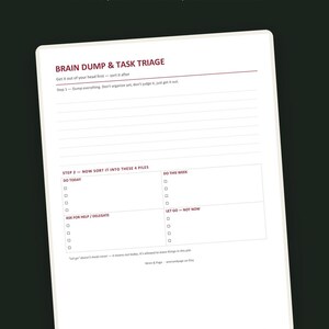 May include: A digital planner page titled Brain Dump & Task Triage with sections for sorting tasks into four piles: Do Today, Do This Week, Ask For Help/Delegate, and Let Go - Not Now. The page includes lined space for dumping thoughts.