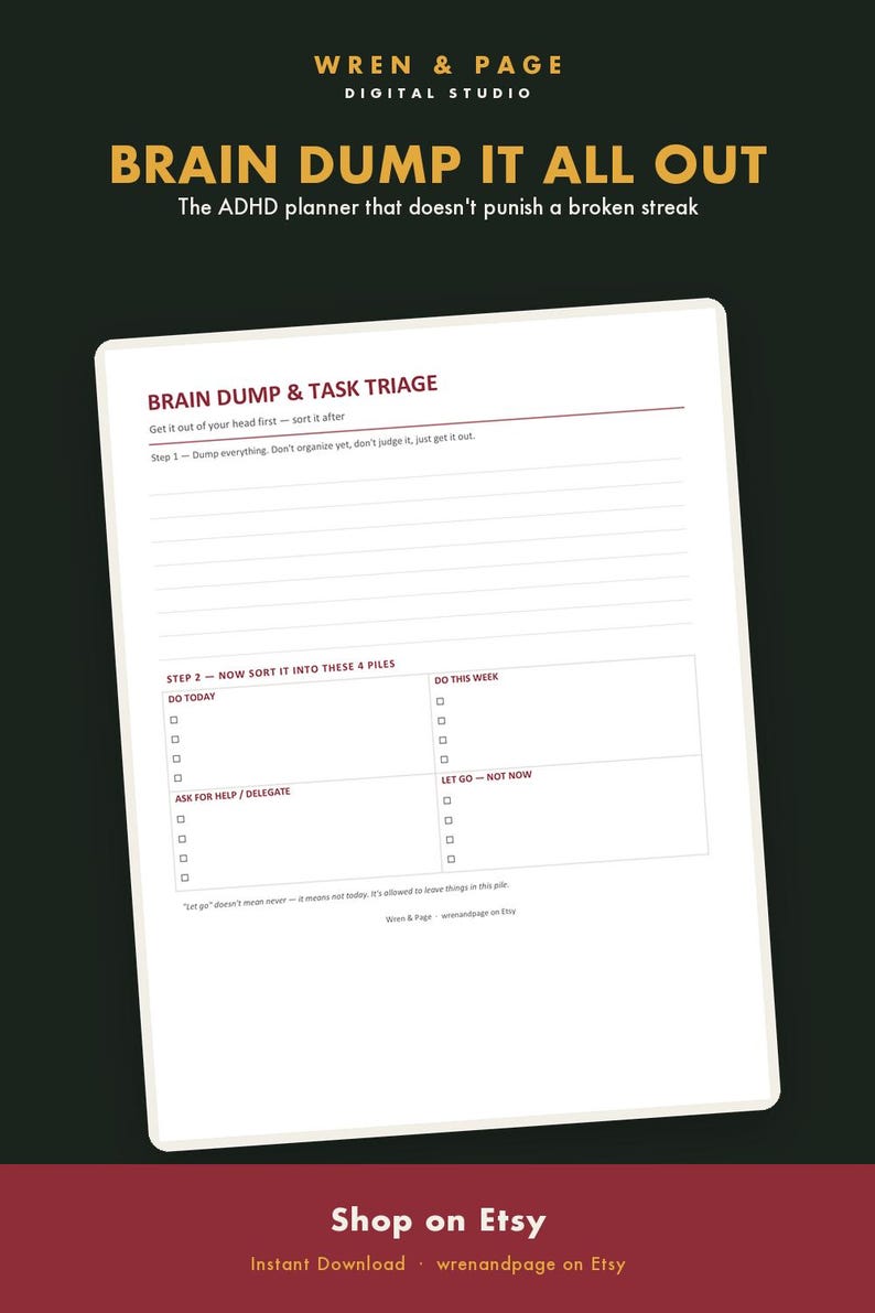 May include: A digital planner page titled Brain Dump & Task Triage with sections for sorting tasks into four piles: Do Today, Do This Week, Ask For Help/Delegate, and Let Go - Not Now. The page includes lined space for dumping thoughts.